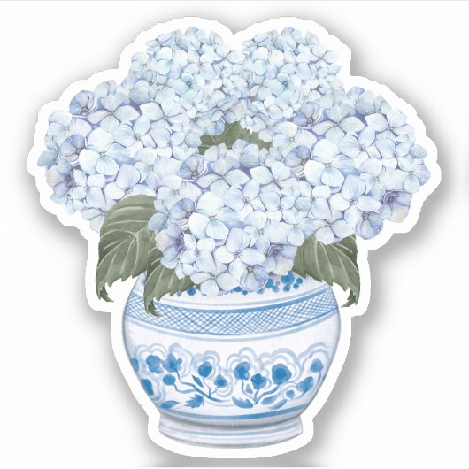 Blue Hydrangeas in Chinoiserie Pot Vinyl Sticker (Vorderseite)