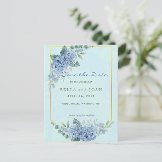 Blue Hydrangeas in Frame in Blue Save the Date Postkarte (Stehend Vorderseite)