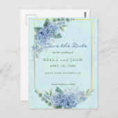 Blue Hydrangeas in Frame in Blue Save the Date Postkarte (Vorne/Hinten)