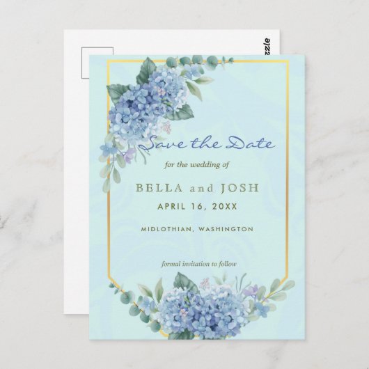 Blue Hydrangeas in Frame in Blue Save the Date Postkarte (Vorne/Hinten)