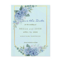 Blue Hydrangeas in Frame in Blue Save the Date