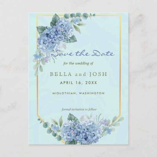 Blue Hydrangeas in Frame in Blue Save the Date Postkarte (Vorderseite)