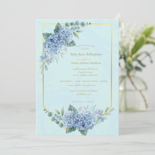 Blue Hydrangeas in Frame Wedding in Blue (Stehend Vorderseite)