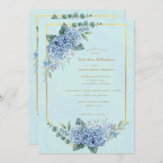 Blue Hydrangeas in Frame Wedding in Blue Einladung (Vorne/Hinten)