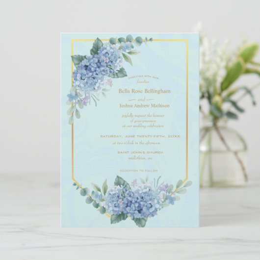 Blue Hydrangeas in Frame Wedding in Blue Einladung (Stehend Vorderseite)