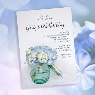 Blue Hydrangeas in Jar Vase Birthday Party Einladung