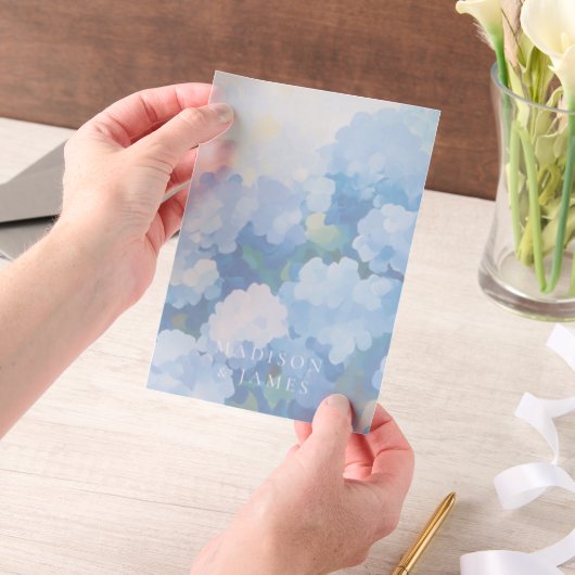 Blue Hydrangeas Individuellen Namens Wedding Overl Pergament Einladungen (Handgehalten)