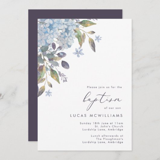 Blue Hydrangeas Kalligrafie Taufe Einladung (Vorne/Hinten)