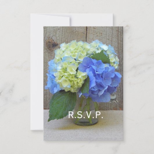 Blue Hydrangeas Mason Jar Rustic Wedding RSVP Karte (Vorderseite)
