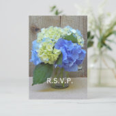 Blue Hydrangeas Mason Jar Rustic Wedding RSVP Karte (Stehend Vorderseite)