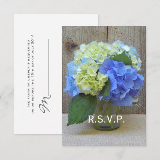 Blue Hydrangeas Mason Jar Rustic Wedding RSVP Karte (Vorne/Hinten)