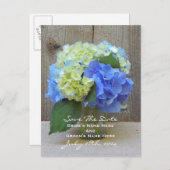 Blue Hydrangeas Mason Jar Save the Date Postcard Ankündigungspostkarte (Vorne/Hinten)