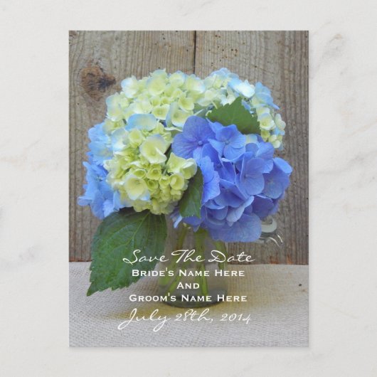 Blue Hydrangeas Mason Jar Save the Date Postcard Ankündigungspostkarte (Vorderseite)