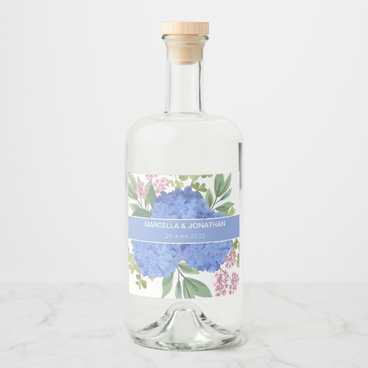 Blue Hydrangeas Modern Bouquet Custom Alkoholflaschenetikett (Vorderseite)