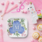 Blue Hydrangeas Modern Bouquet Custom Monogram Pappteller (Party)