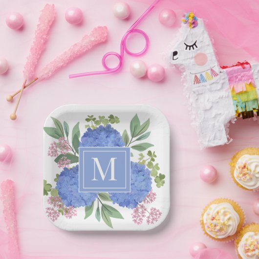 Blue Hydrangeas Modern Bouquet Custom Monogram Pappteller (Party)