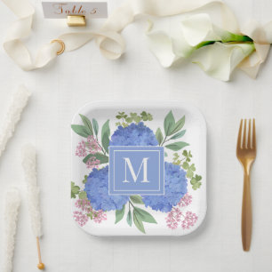 Blue Hydrangeas Modern Bouquet Custom Monogram Pappteller