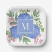 Blue Hydrangeas Modern Bouquet Custom Monogram Pappteller (Vorderseite)