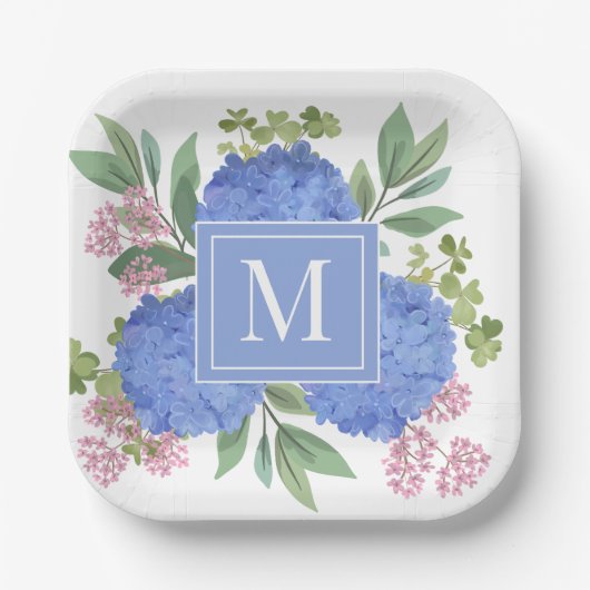Blue Hydrangeas Modern Bouquet Custom Monogram Pappteller (Vorderseite)