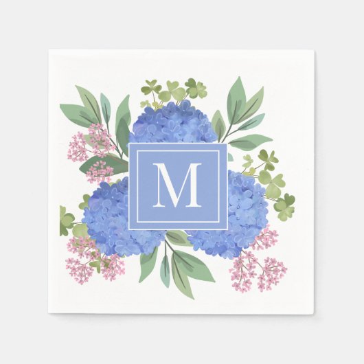 Blue Hydrangeas Modern Bouquet Custom Monogram Serviette (Vorderseite)