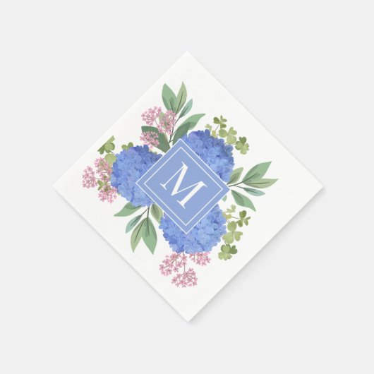 Blue Hydrangeas Modern Bouquet Custom Monogram Serviette (Ecke)