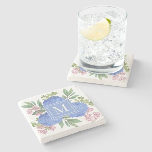 Blue Hydrangeas Modern Bouquet Custom Monogram Steinuntersetzer (Seitenansicht)