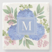 Blue Hydrangeas Modern Bouquet Custom Monogram Steinuntersetzer (Vorderseite)