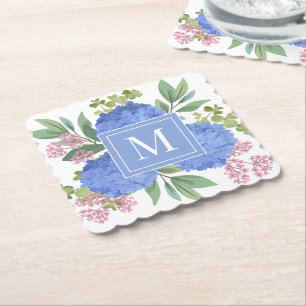 Blue Hydrangeas Modern Bouquet Custom Monogram Untersetzer