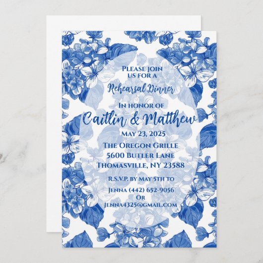 Blue Hydrangeas Probe Dinner Einladung (Vorne/Hinten)