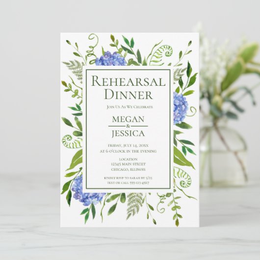 Blue Hydrangeas Probe Dinner Einladung (Stehend Vorderseite)