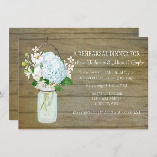 Blue Hydrangeas Probe Rustic Country Mason Jar Einladung (Vorne/Hinten)