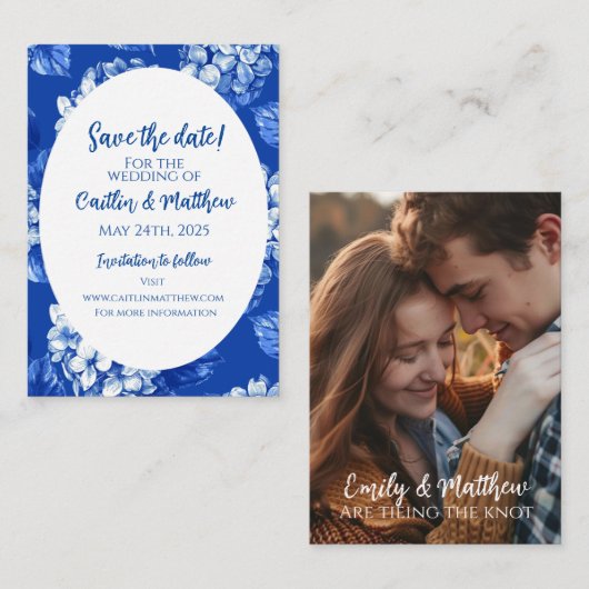 Blue Hydrangeas Save the Date Card Mitteilungskarte (Vorne/Hinten)