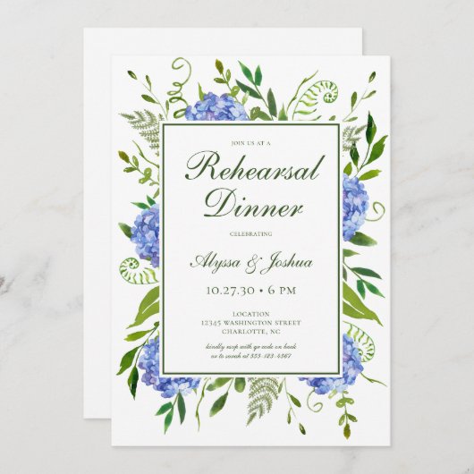 Blue Hydrangeas Script Probe Dinner Einladung (Vorne/Hinten)