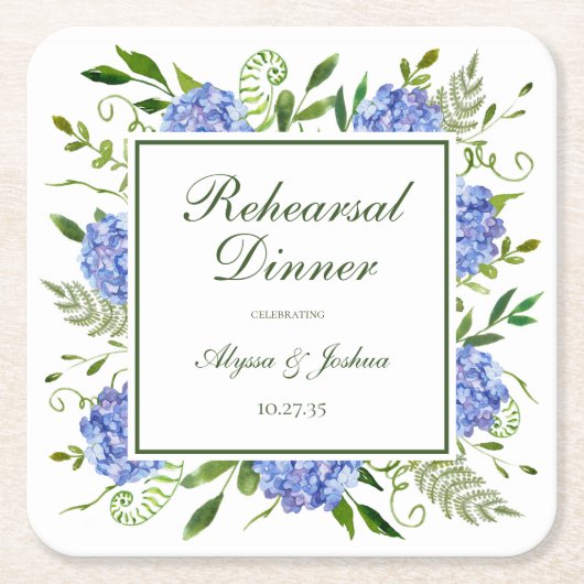 Blue Hydrangeas Script Probe Dinner Rechteckiger Pappuntersetzer (Vorderseite)