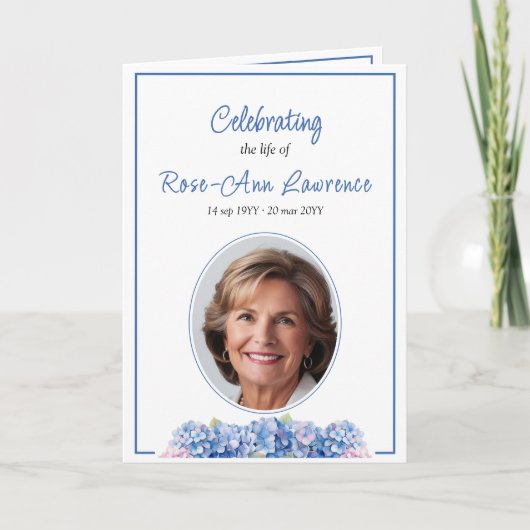 Blue Hydrangeas Summer Flowers Funeral Folded Programm (Vorderseite)