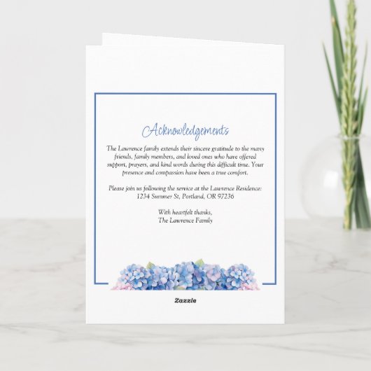 Blue Hydrangeas Summer Flowers Funeral Folded Programm (Rückseite)