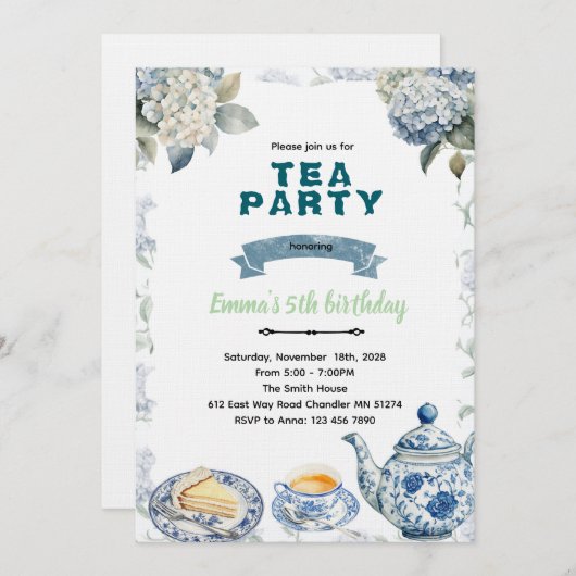 Blue Hydrangeas tea party Invitation Einladung (Vorne/Hinten)