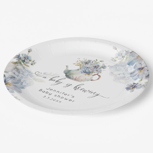 Blue Hydrangeas Tee Party Babydusche Pappteller (Schrägansicht)