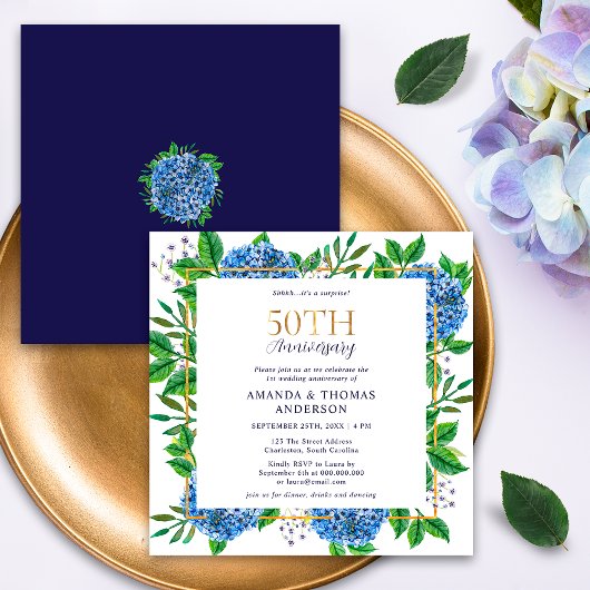 Blue Hydrangeas Überraschung 50. Hochzeitstag Einladung