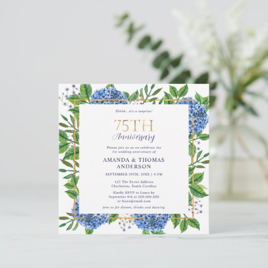Blue Hydrangeas Überraschung 75. Hochzeitstag Einladung (Stehend Vorderseite)