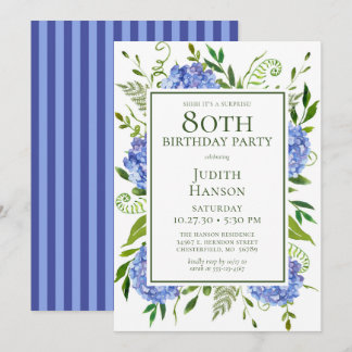 Blue Hydrangeas Überraschungs-Party zum 80. Geburt Einladung