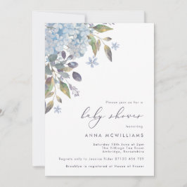 Blue Hydrangeas und Calligraphy Baby Shower Einladung