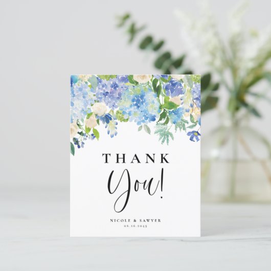 Blue Hydrangeas und Elfenbein Rose Danke, Card (Stehend Vorderseite)