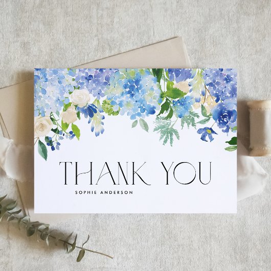 Blue Hydrangeas und Elfenbein-Rose Hochzeiten Dankeskarte