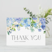 Blue Hydrangeas und Elfenbein-Rose Hochzeiten Dankeskarte (Stehend Vorderseite)