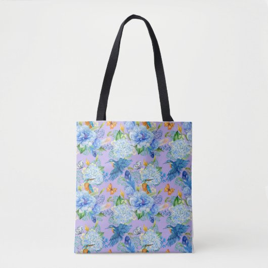 Blue Hydrangeas und Hummingbirds Tote Bag Tasche (Vorderseite)