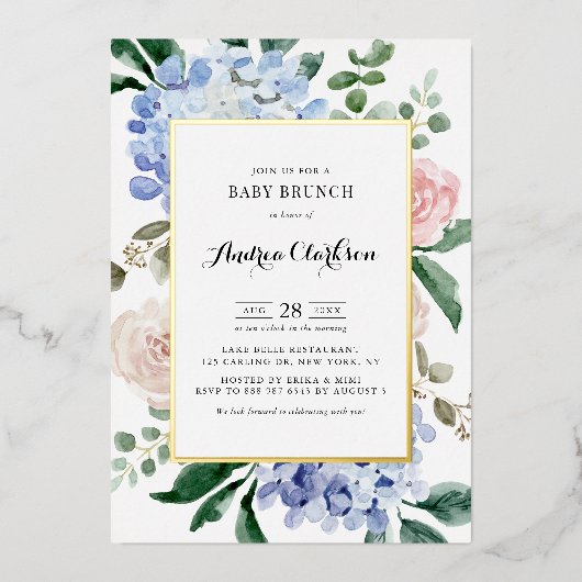Blue Hydrangeas und Pink Roses Baby Brunch Folieneinladung (Vorderseite)