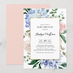 Blue Hydrangeas und Pink Roses Baby Dusche Brunch Einladung