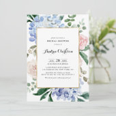 Blue Hydrangeas und Pink Roses Brautparty Einladung (Stehend Vorderseite)