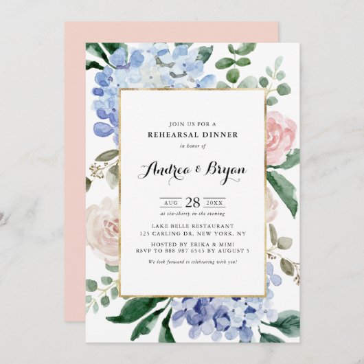Blue Hydrangeas und Pink Roses Probe Dinner Einladung (Vorne/Hinten)